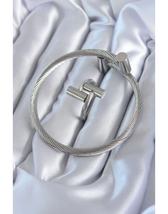 ® 316L Çelik Gümüş Renk Sarmal Model Erkek Bileklik Yüzük Kombini