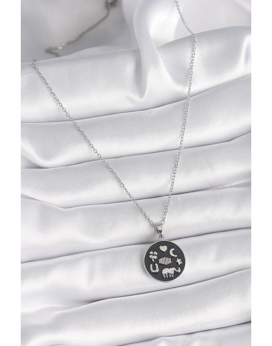 316L Çelik Gümüş Renk Siyah Renk Şans Kolyesi