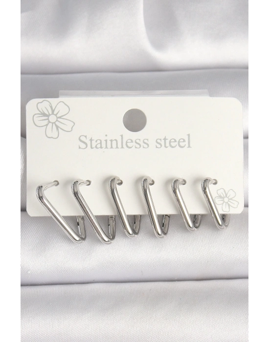 316L Çelik Gümüş Renk Üçgen Model Kadın Küpe Seti