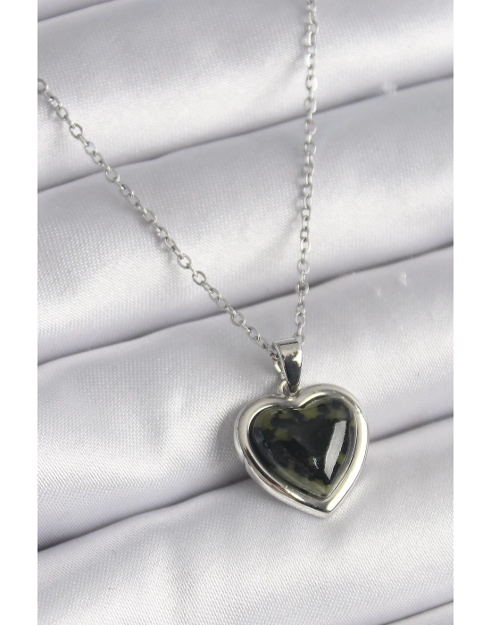 316L Çelik Gümüş Renk Yeşil Mineli Kalp Model Kadın Kolye