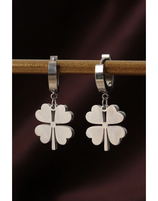 316L Çelik Gümüş Renk Yonca Küpe