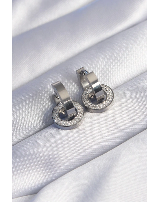 ® 316L Çelik Gümüş Renk Zirkon Taşlı İç İçe Geçmeli Oval Küpe