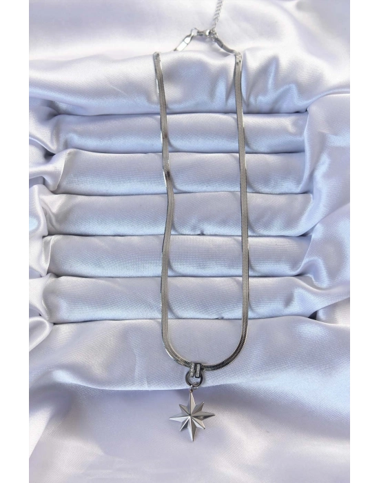 ® 316L Çelik Gümüş Renk Zirkon Taşlı İtalyan Zincirli Kutup Yıldızı Kolye