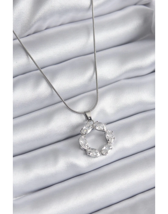 316L Çelik Gümüş Renk Zirkon Taşlı Kadın Kolye