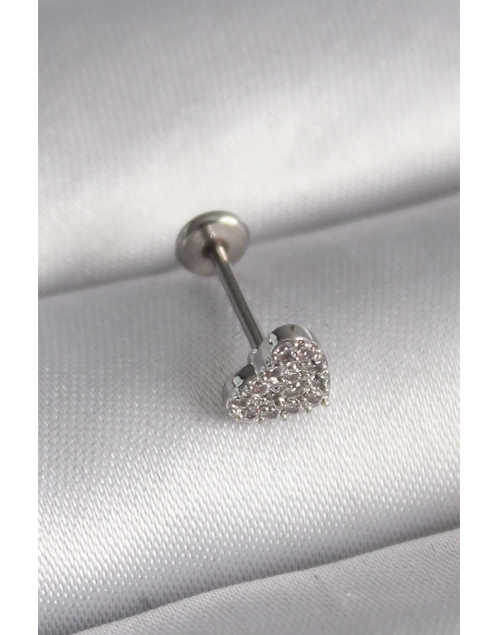 316L Çelik Gümüş Renk Zirkon Taşlı Kalp Model Tragus Piercing