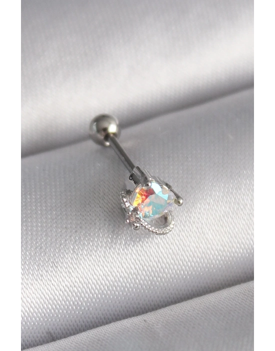 316L Çelik Gümüş Renk Zirkon Taşlı Kalp Tragus Piercing
