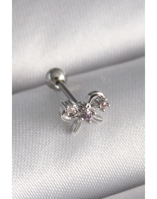 316L Çelik Gümüş Renk Zirkon Taşlı Kurdele Tragus Piercing