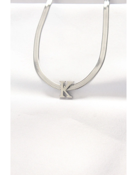 ® 316L Çelik K Harfli Silver Renk İtalyan Zincirli Kolye