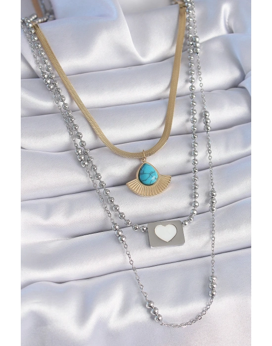 ® 316L Çelik Mix Renk 3lü Zincir Damla Madalyon Figür Uzun Kadın Kolye