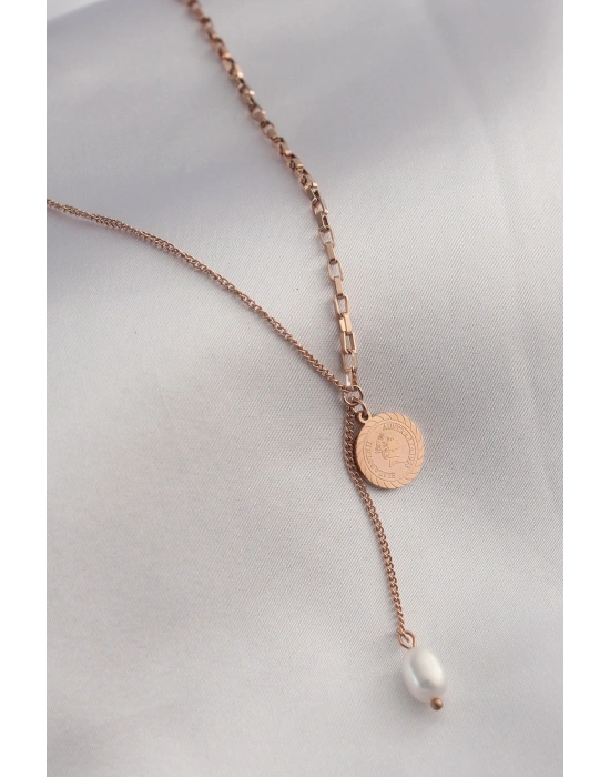 ® 316L Çelik Rose Renk İşlemeli Sallantılı Kadın Kolye