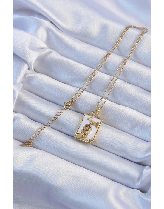 316L Çelik Zincir Altın Renk Beyaz Mineli Tarot Kolye