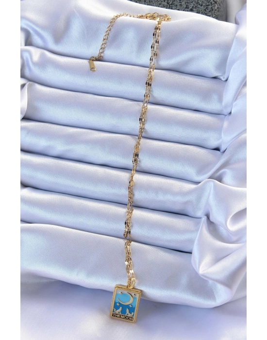 ® 316L Çelik Zincir Altın Renk Mavi Mineli Ay Figür Tarot Kolye