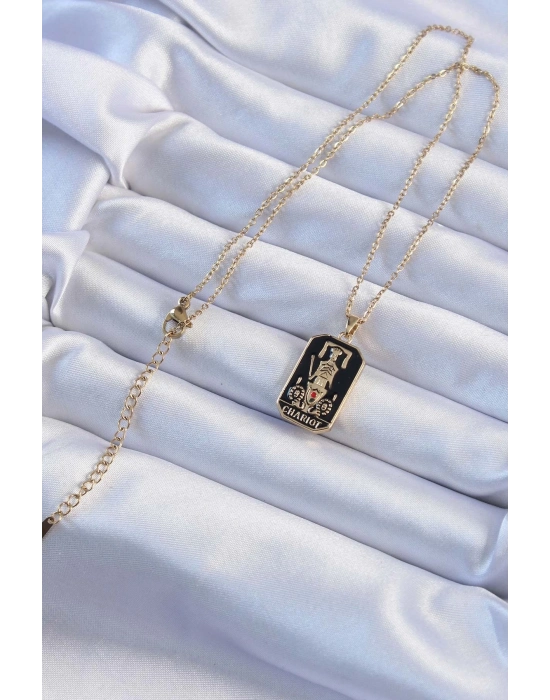 316L Çelik Zincir Altın Renk Siyah Mineli Tarot Kolye
