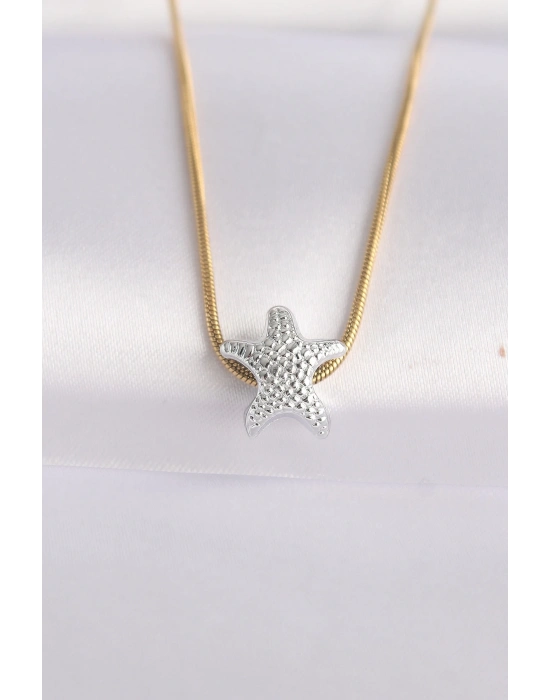 ® 316L Çelik Zincir Altın Renk Zincirli Gümüş Renk Deniz Yıldızı Tasarımlı Kolye