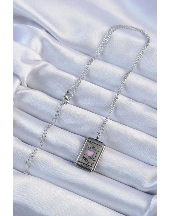 316L Çelik Zincir Eskitme Gümüş Renk Pembe Mineli Kalp Figürlü Tarot Kolye