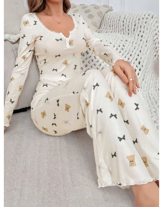 Kadın Ekru Ayıcık ve Fiyonk Desenli Yumuşak Pamuklu Uzun Pijama Takımı 5129
