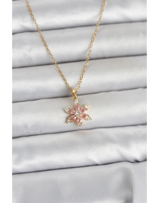 316L Çelik Zincir Gold Renk Pembe Lotus Model Kadın Kolye