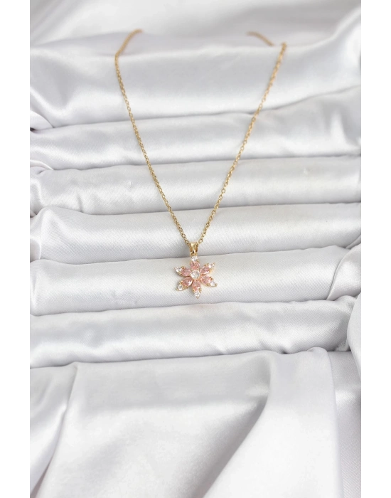 316L Çelik Zincir Gold Renk Pembe Lotus Model Kadın Kolye