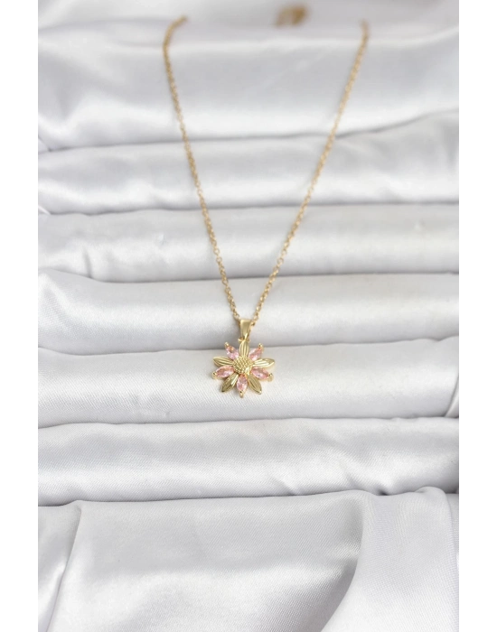 316L Çelik Zincir Gold Renk Pembe Papatya Model Kadın Kolye