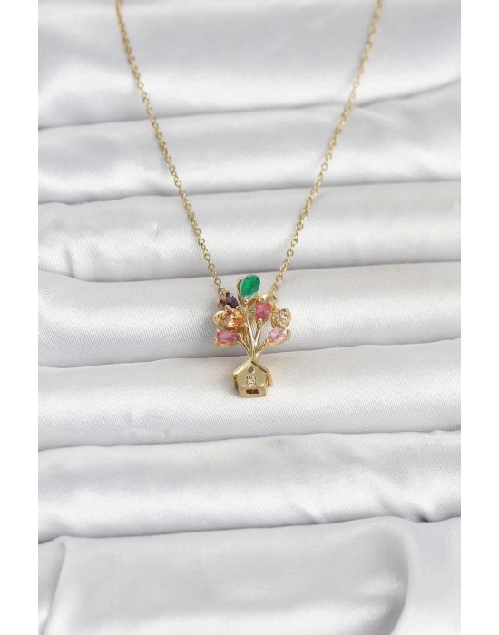 316L Çelik Zincir Gold Renk Uçan Balon Ev Figür Kadın Kolye