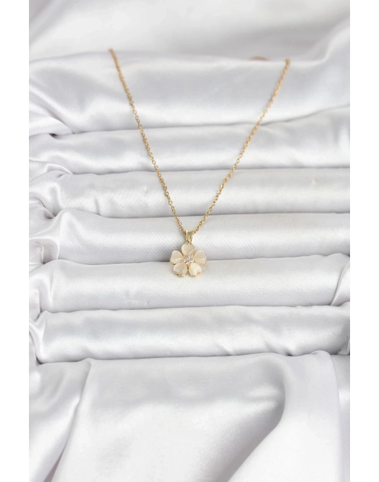 316L Çelik Zincir Gold Renk Yonca Model Kadın Kolye