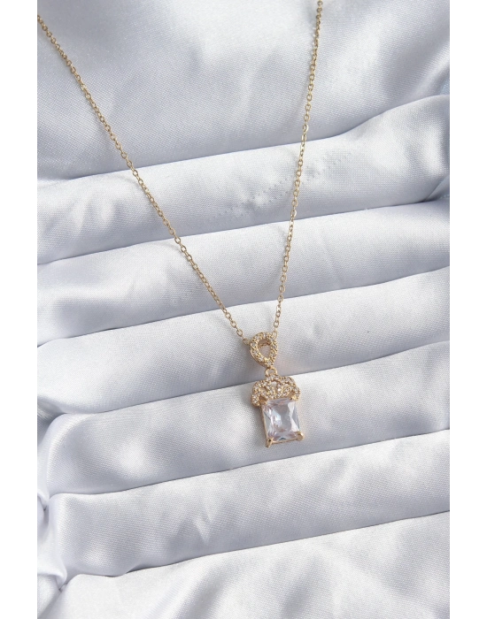 ® 316L Çelik Zincir Gold Renk Zirkon Taşlı Taç Model Kadın Kolye