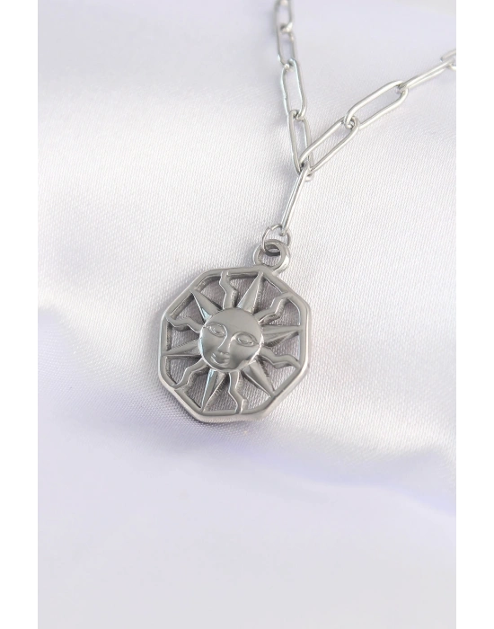 316L Çelik Zincir Gümüş Renk Güneş Kolye