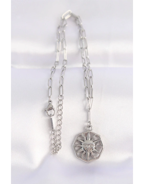 316L Çelik Zincir Gümüş Renk Güneş Kolye