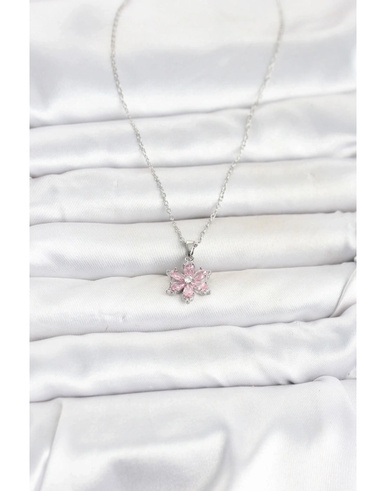 316L Çelik Zincir Gümüş Renk Pembe Zirkon Taşlı Lotus Model Kadın Kolye