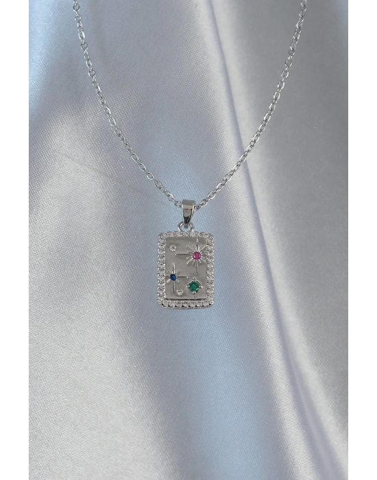 ® 316L Çelik Zincir Gümüş Renk Renkli Zirkon Taşlı Vintage Kolye