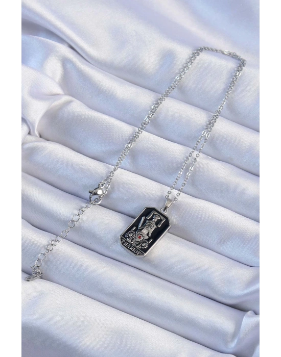 316L Çelik Zincir Gümüş Renk Siyah Mineli Tarot Kolye