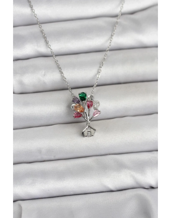 316L Çelik Zincir Gümüş Renk Uçan Balon Ev Figür Kadın Kolye