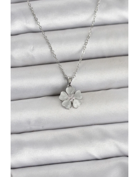 316L Çelik Zincir Gümüş Renk Yonca Model Kadın Kolye