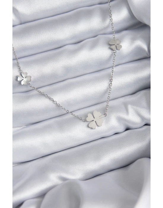 ® 316L Çelik Zincir Gümüş Renk Yonca Model Kadın Kolye