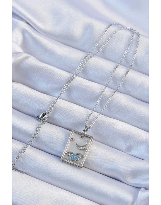 ® 316L Çelik Zincir Gümüş Renk Zirkon Taşlı Ay Figürlü Tarot Kolye