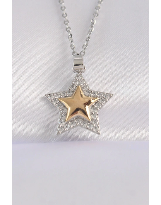 ® 316L Çelik Zincir Gümüş Renk Zirkon Taşlı Tasarım Altın Renk Yıldız Kolye