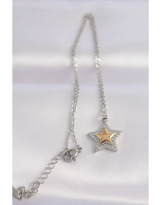 ® 316L Çelik Zincir Gümüş Renk Zirkon Taşlı Tasarım Altın Renk Yıldız Kolye