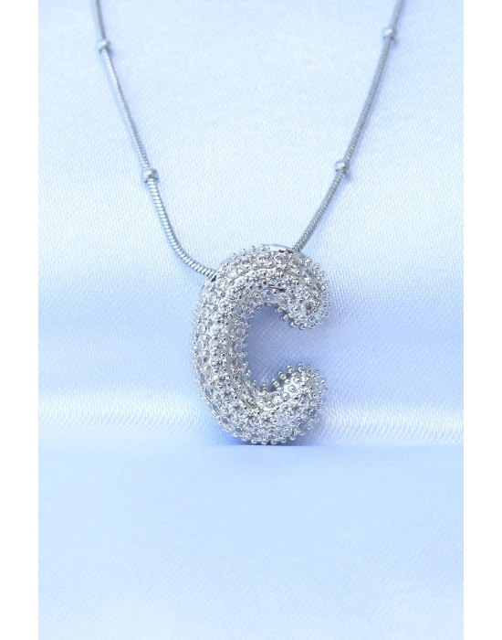 ® 316L Çelik Zincirli Zirkon Taşlı C Harfli Gümüş Renk Bubble Kolye