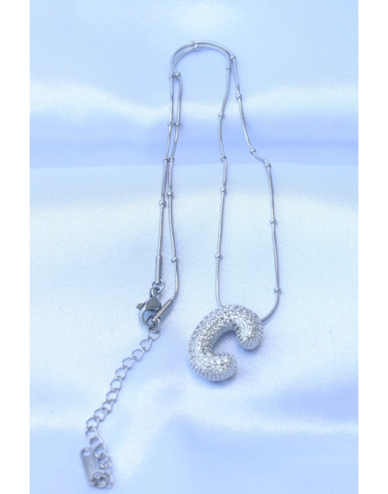 ® 316L Çelik Zincirli Zirkon Taşlı C Harfli Gümüş Renk Bubble Kolye