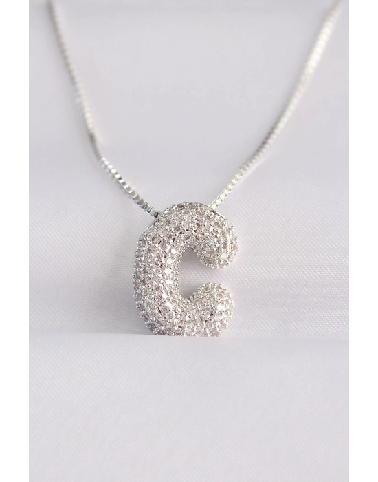 ® 316L Çelik Zincirli Zirkon Taşlı C Harfli Silver Renk Bubble Kolye