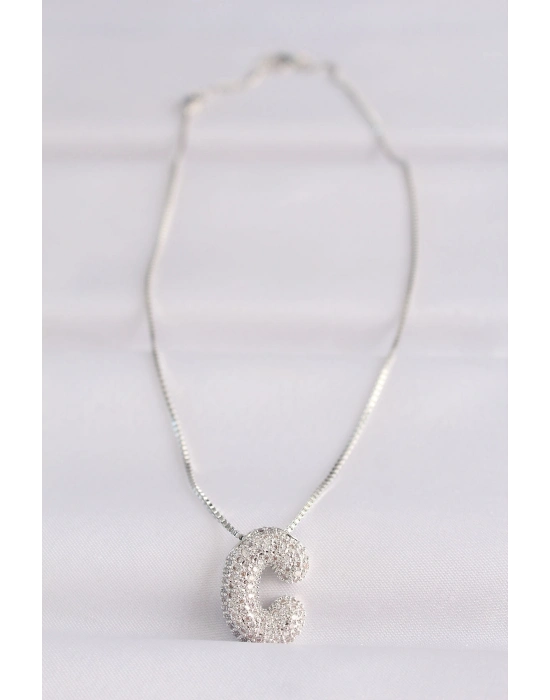 ® 316L Çelik Zincirli Zirkon Taşlı C Harfli Silver Renk Bubble Kolye