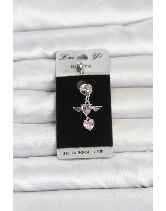 316L Cerrahi Çelik Pembe Zirkon Taşlı Kanat Model Göbek Piercing