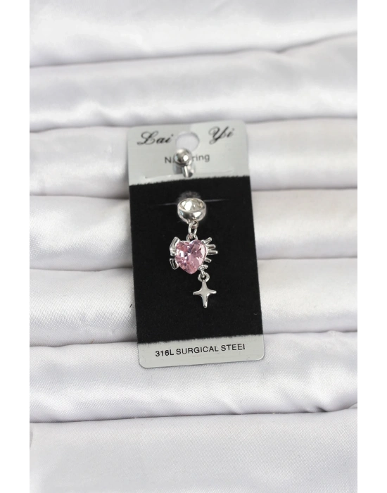 316L Cerrahi Çelik Pembe Zirkon Taşlı Model Göbek Piercing