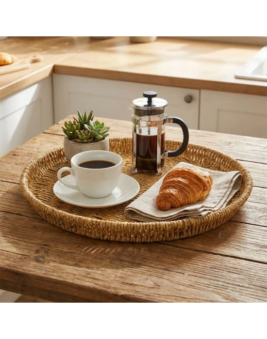 ®  35 cm Plastik Rattan Tepsi – Hasır Görünümlü Dekoratif Servis Tepsisi, Mutfak, Kahvaltı, Sunum ve Masaüstü Çok Amaçlı Organizer