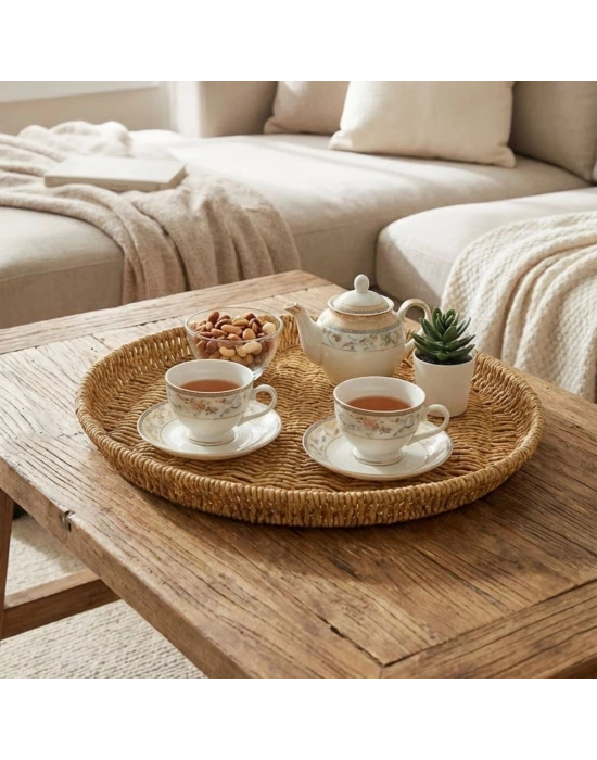 ®  35 cm Plastik Rattan Tepsi – Hasır Görünümlü Dekoratif Servis Tepsisi, Mutfak, Kahvaltı, Sunum ve Masaüstü Çok Amaçlı Organizer