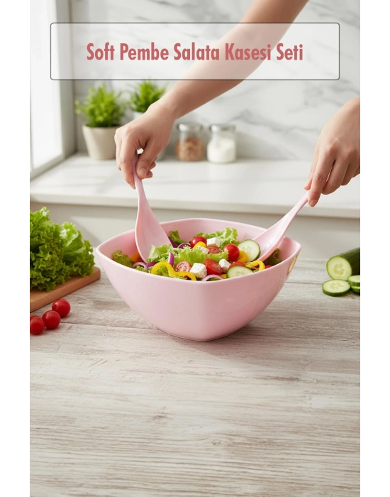 3,5 Lt Soft Pembe Akrilik Kare Salata ve Servis Kasesi Seti – 3 Parça