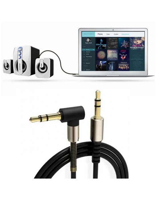®   3.5mm AUX Kablosu Jak Erkek Erkek L Tipi 1 Metre Ses Aktarım Kablosu