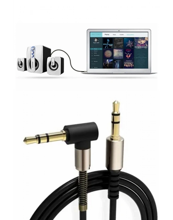®   3.5mm AUX Kablosu Jak Erkek Erkek L Tipi 1 Metre Ses Aktarım Kablosu