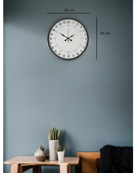 ® 36 Cm Gri 24 Saat Göstergeli Özel Tasarım Duvar Saati