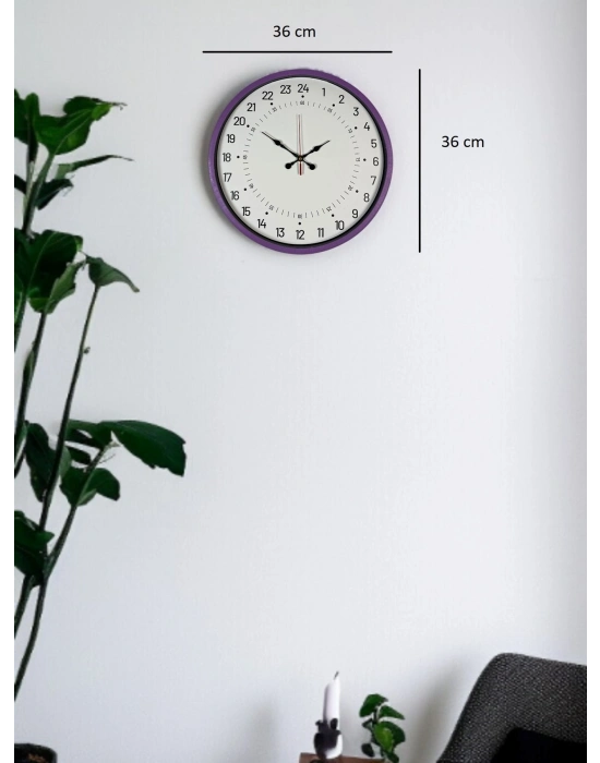 ® 36 Cm Mor 24 Saat Göstergeli Özel Tasarım Duvar Saati